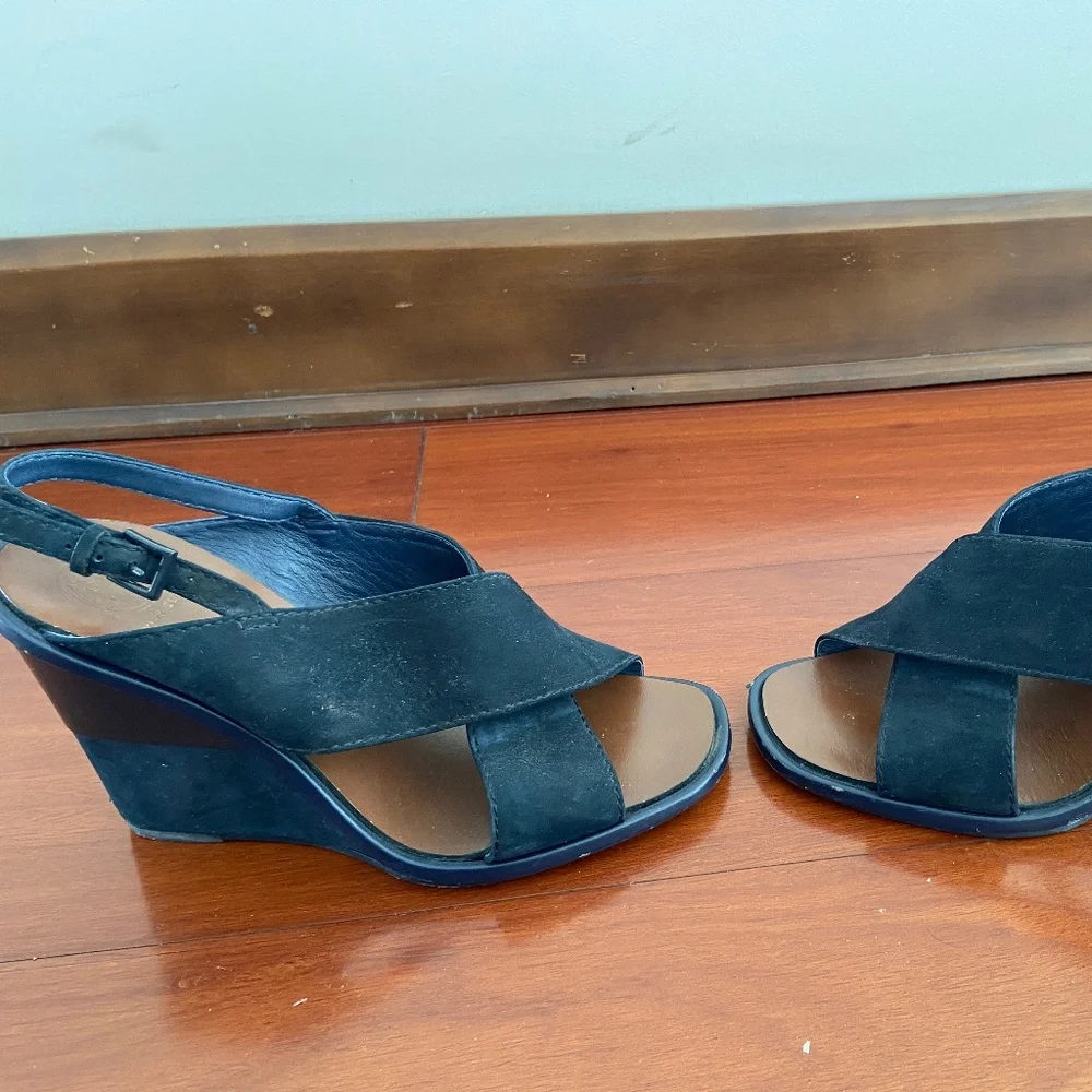TORY BURCH GABRIELLE NUBUCK wedge Sandals navy blue shoes size 6 - Picture 4 of 8